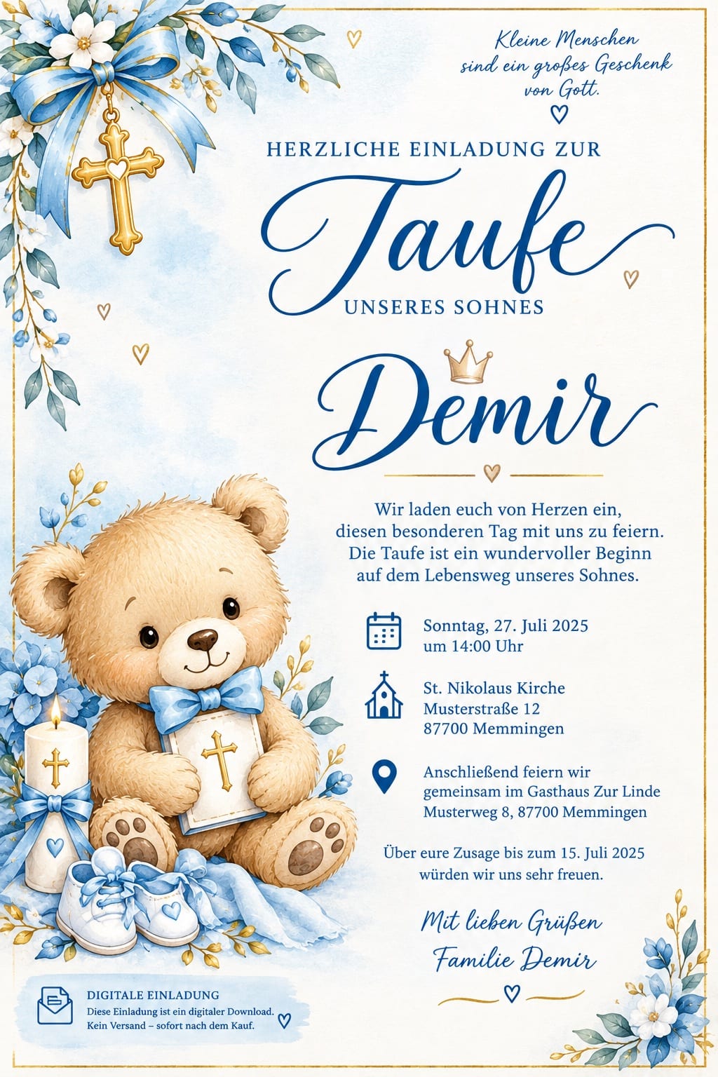 Digitale Taufeinladung für Jungen – Demir | Blau & Gold | Personalisierbare Einladung